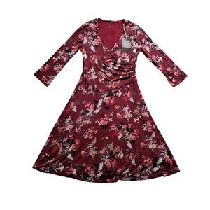 NWT Garnet Hill Red Floral Dress Brianna Faux‎ Wrap V Neck Jersey Women's Small
